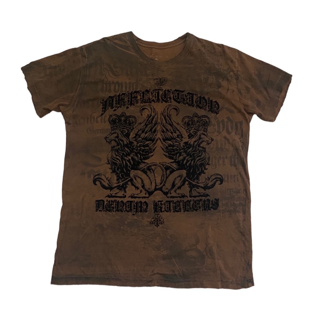 Mens Affliction brown and black t shirt with angel wings on back size large